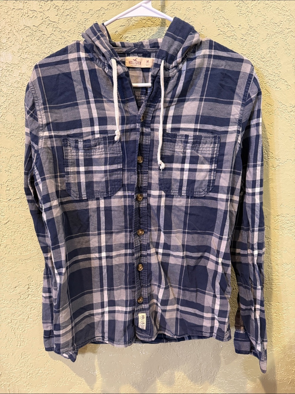 Hollister Navy and White Plaid Hooded Button-Down Shirt